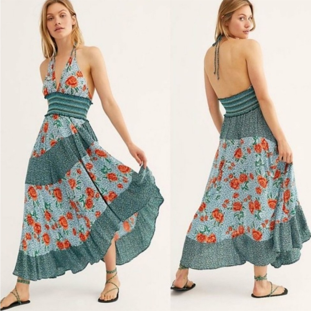Free People Gabriela Multi Print Halter Maxi Dress